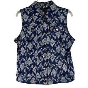 Baccini Floral Denim Style Sleeveless Button Down Collard Vest Large